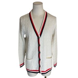 VINTAGE Brownstone Studio Red White Blue Preppy Cardigan Cable Knit Sweater Sz M